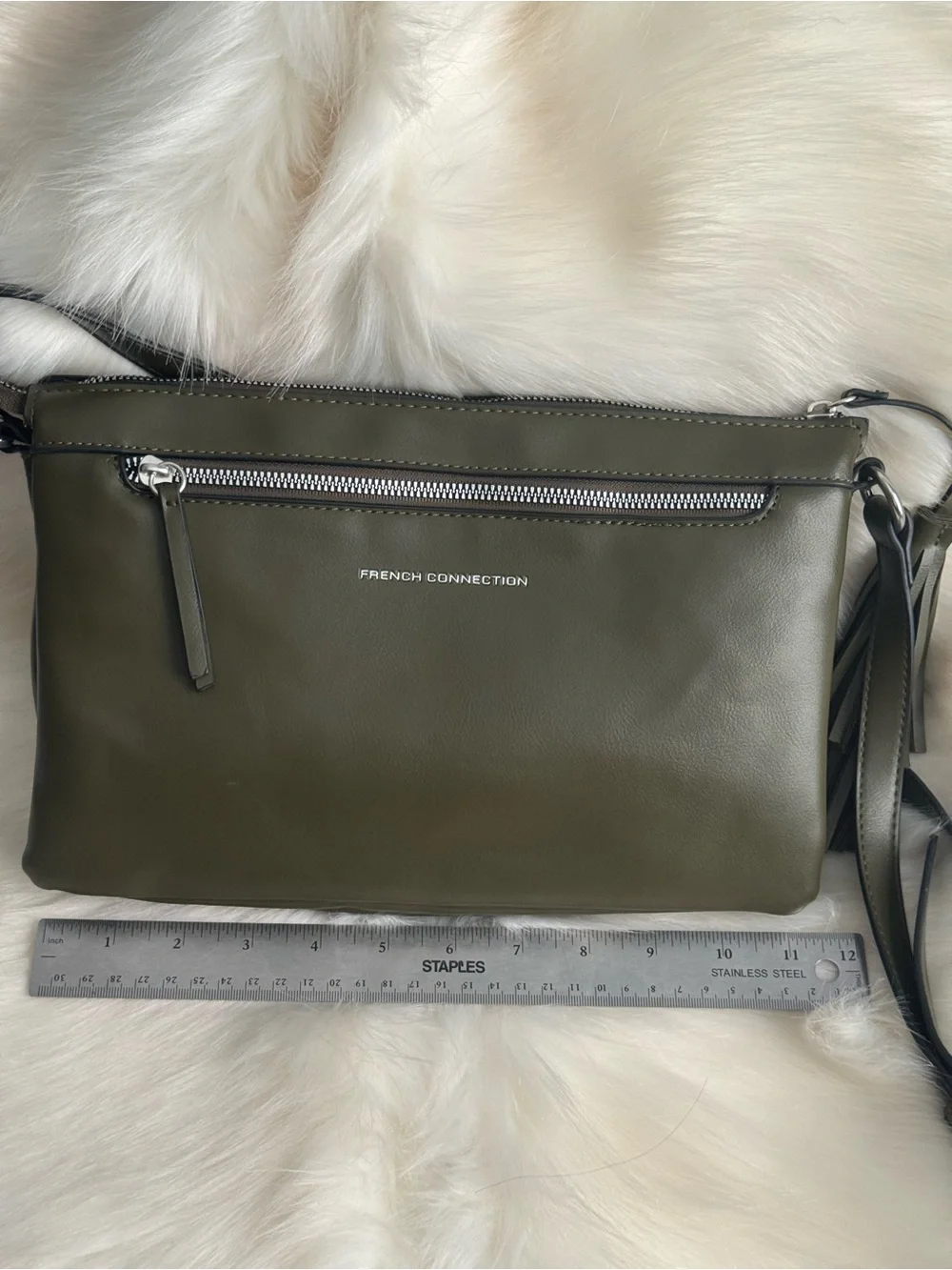 French Connection Olive and Taupe Patchwork Crossbody with Tassel